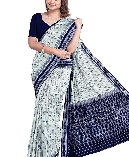Odisha Sambalpuri Handloom Ikat Women White & Blue Cotton Saree, Odisha Handloom Without Blouse