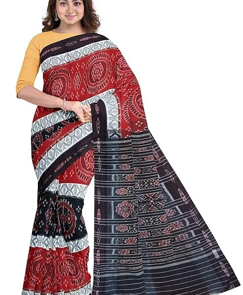 Odisha Sambalpuri Handloom Ikat Women Maroon & Black Cotton Saree, Odisha Handloom Without Blouse