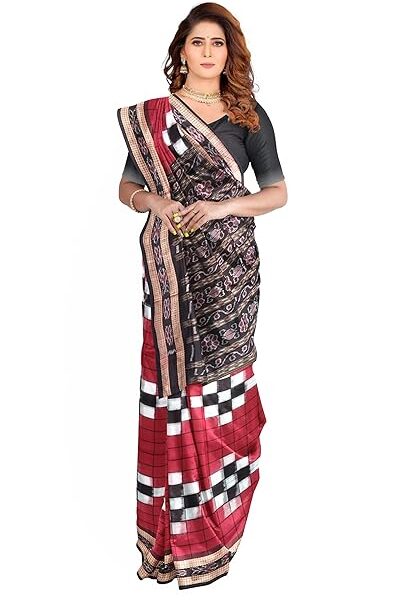 Odisha Sambalpuri Handloom Ikat Women Maroon and Black Cotton Saree, Odisha Handloom Without Blouse