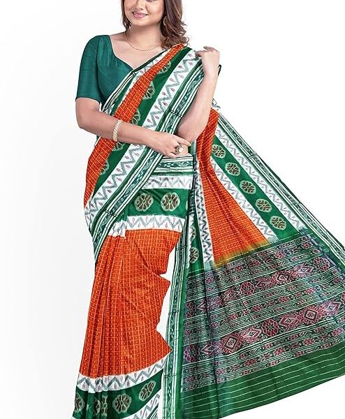 Odisha Sambalpuri Handloom Ikat Women Orange and Green Cotton Saree, Odisha Handloom Without Blouse