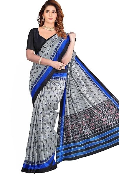 Odisha Sambalpuri Handloom Ikat Women Grey and Blue Cotton Saree, Odisha Handloom Without Blouse