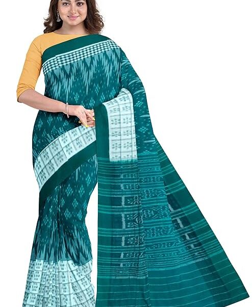 Odisha Sambalpuri Handloom Ikat Women Sky Blue Cotton Saree, Odisha Handloom Without Blouse
