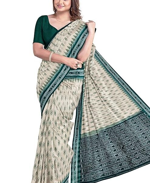 Odisha Sambalpuri Handloom Ikat Women Beige & Green Cotton Saree, Odisha Handloom Without Blouse