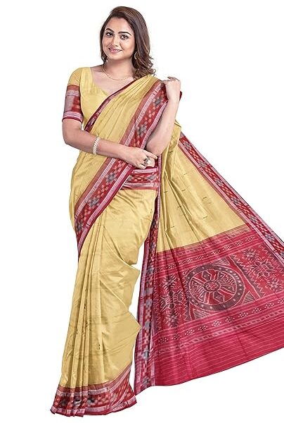 Odisha Sambalpuri Handloom Ikat Women Yellow & Red Cotton Saree, Odisha Handloom Without Blouse