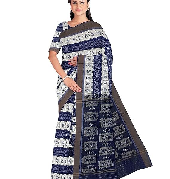 Odisha Sambalpuri Handloom Ikat Women White & Blue Cotton Saree, Odisha Handloom Without Blouse